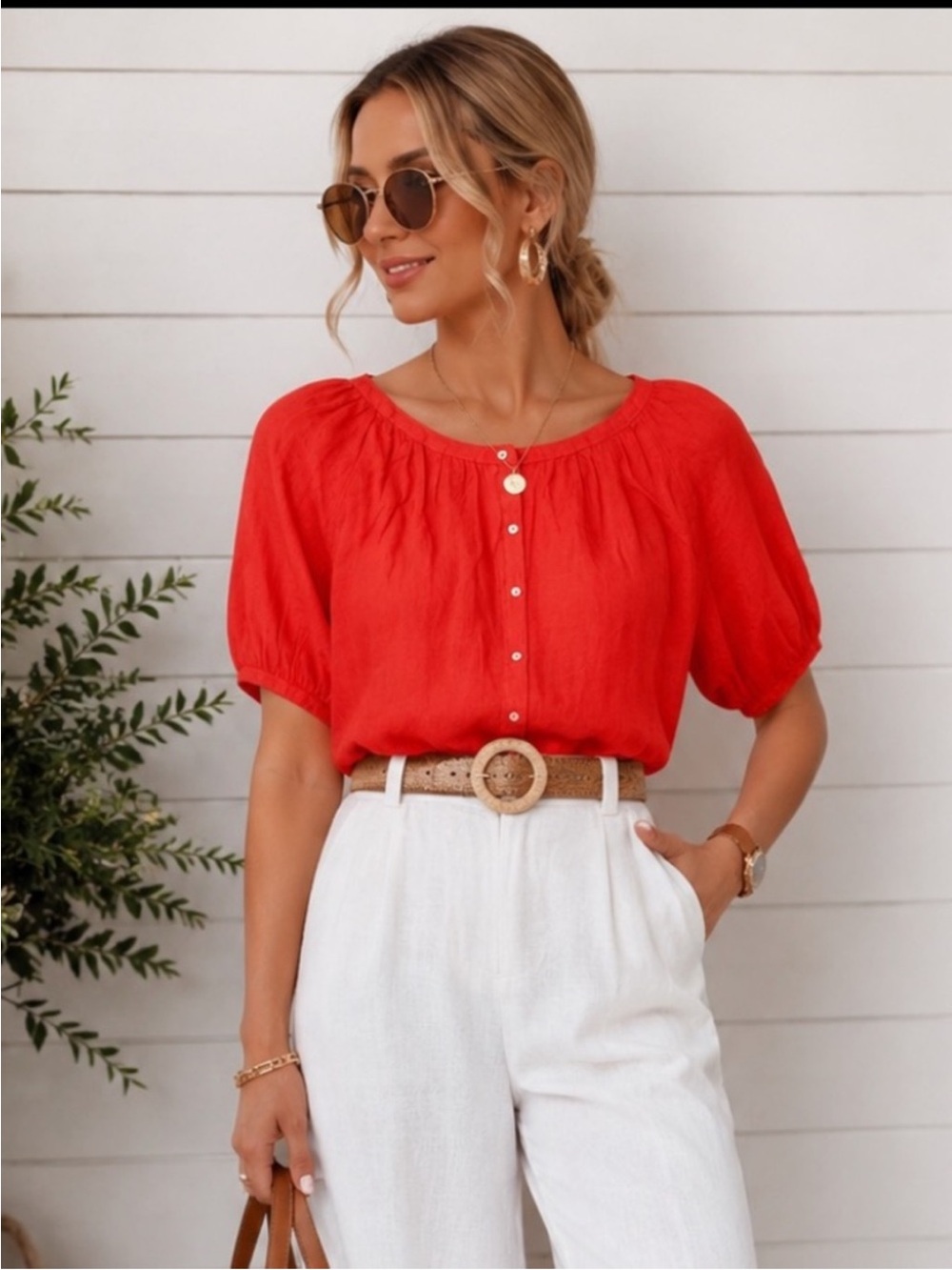 Red 100% Linen Puff Sleeve Top Mother of Pearl Buttons Coastal Chic